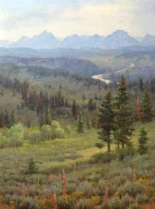 "Layers of Paradise," a 48" x 36" painting of the Tetons and Togwotee Pass by Jim Wilcox