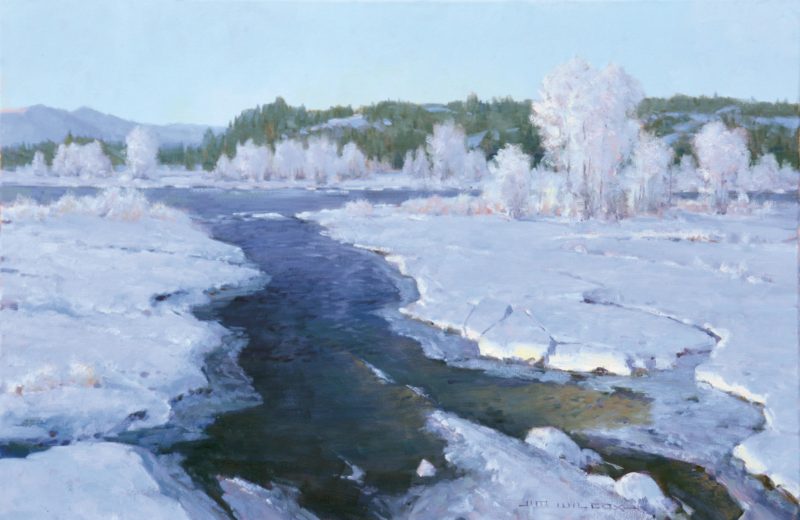 Winter's Final Fling, a fine art painting of Grand Teton National Park in the winter with hoar frost on the Gros Ventre River by artist and landscape painter Jim Wilcox