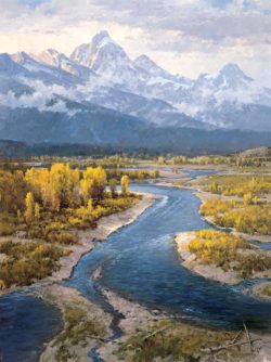 Celebration of Fall Jim Wilcox Jackson Hole Fall Arts Festival poster print on canvas of Tetons with the Snake River in the fall
