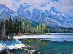 Jim Wilcox art | First Open Water giclée print on canvas of Taggart Lake in the spring as snow starts to melt off