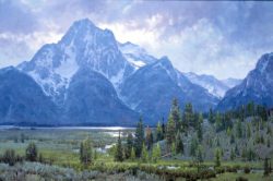 Jim Wilcox art | Glacier Borne giclée print on canvas of Mt. Moran and Skillet Glacier in Grand Teton National Park at Jackson Lake