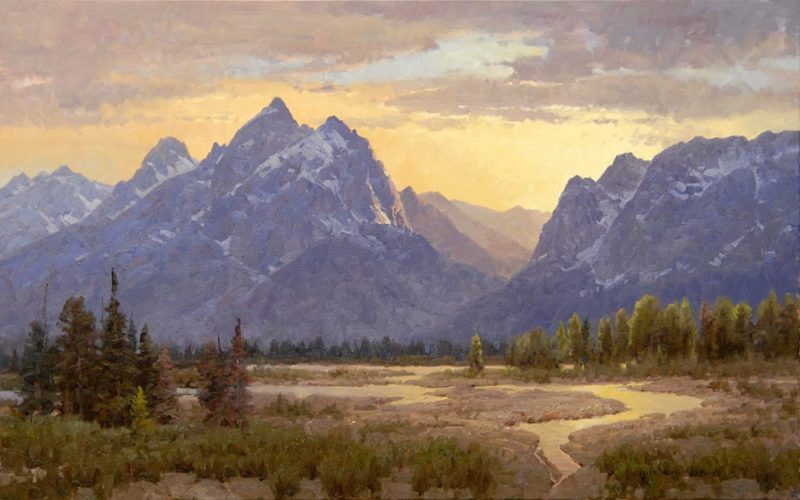 Jim Wilcox art | Heavens Ablaze giclée print on canvas of the sunset on the Tetons by the Snake River in Grand Teton National Park