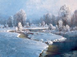 Jim Wilcox art | Morning Frost giclée print on canvas of hoar frost on cottonwood trees along the Gros Ventre River in Grand Teton National Park