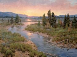 Jim Wilcox art | Reflections of Dawn giclée print on canvas of the sunrise on the Snake River or Yellowstone River near Jackson Hole