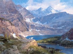 Jim Wilcox art | Sentinels of Hidden Lake giclée print on canvas of mountain goats skylined in Glacier National Park