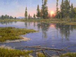 Jim Wilcox art Shining Through, a fine art painting of the sun setting on the Yellowstone River