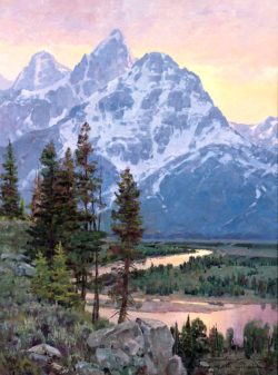 Snake River Overlook at sunset as painted by Jim Wilcox after the style of photographer Ansel Adams