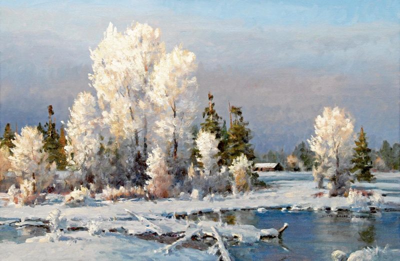 hoar frost on cottonwood trees in a fine art painting by Prix de West Award winner Jim Wilcox