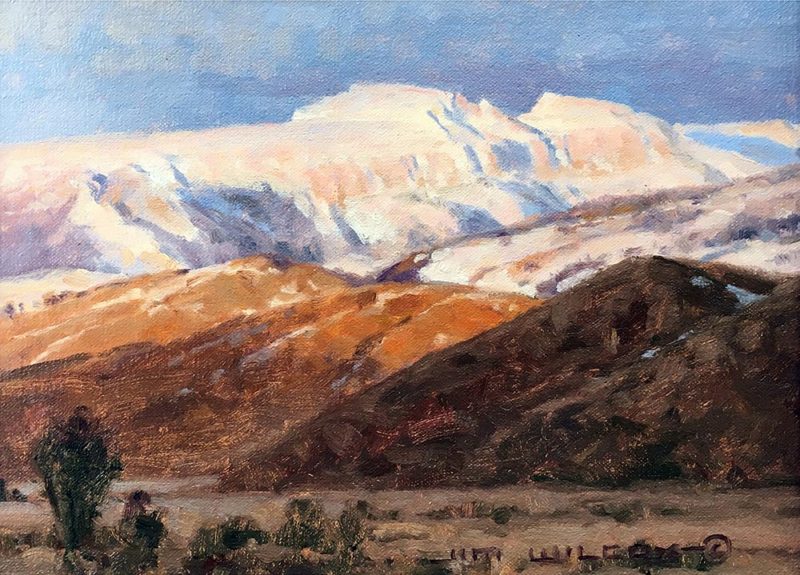 Jim Wilcox fine art landscape painting Above the Valley, subject matter the Sleeping Indian, or Sheep Mountain in Jackson Hole as viewed from Grand Teton National Park