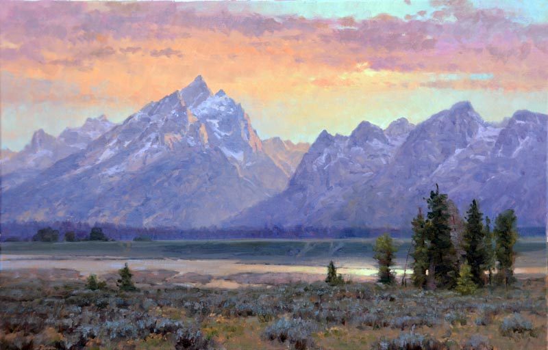 Gilding the Lilies, a fine art painting of Grand Teton National Park at sunset by artist and landscape painter Jim Wilcox