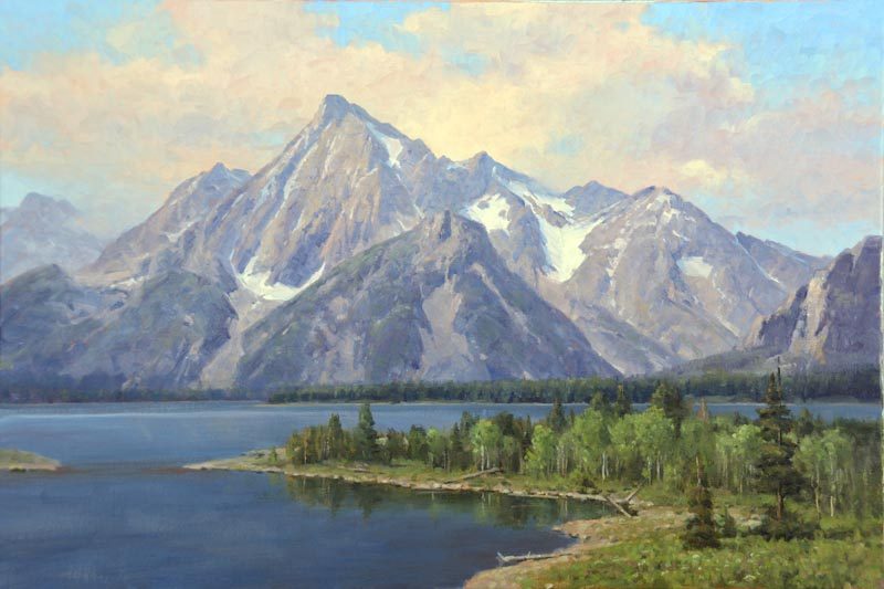 Jim Wilcox fine art landscape painting of Mt. Moran and its three glaciers, or triple glaciers in Grand Teton National Park